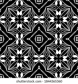 Paisley black and white floral seamless pattern. Ornamental vector ethnic style lines background. Paisley flowers line art ornament. Intricate patterned design. Repeat arabic backdrop. Template.