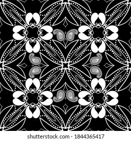 Paisley black and white floral seamless pattern. Ornamental vector ethnic style lines background. Paisley flowers line art dotted ornament. Intricate patterned design. Repeat backdrop. Template.