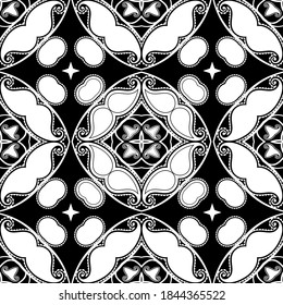 Paisley black and white floral seamless pattern. Ornamental vector ethnic style lines background. Paisley flowers line art lace ornament. Intricate patterned design. Repeat backdrop. For fabric, print