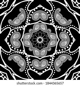 Paisley black and white floral seamless pattern. Ornamental vector ethnic style lines background. Paisley flowers line art dotted ornament. Intricate patterned design. Repeat backdrop. Template.