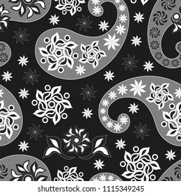 Paisley black and white seamless pattern, vector illustration