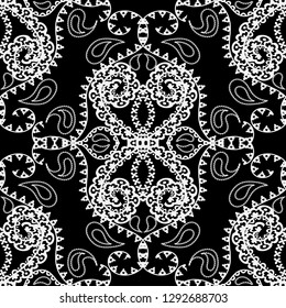 Paisley black and white vector seamless pattern. Floral line art tracery ornamental ethnic style hand drawn ornament. Patterned monochrome elegance background. Lace paisley flowers, leaves, lines