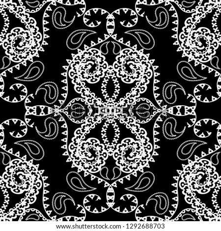 Paisley black and white vector seamless pattern. Floral line art tracery ornamental ethnic style hand drawn ornament. Patterned monochrome elegance background. Lace paisley flowers, leaves, lines