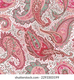 Paisley blooming flowers and foliage, leaves and flora with branches and twigs. Wrapping or adornment, botany and nature elements. Seamless pattern, wallpaper print or background. Vector in flat style