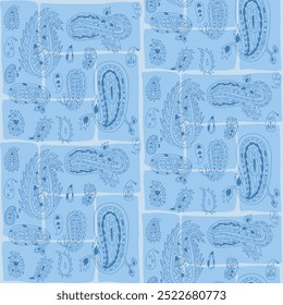 Paisley blue line seamless pattern with various floral and drops ornament elements arranged in rectangular segments. Patchwork monochrome endless background. Vector hand drawn illustration.