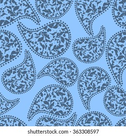 Paisley blue  pattern vector monochrome textile, flowers seamless paisley pattern. Persian ornament. Fabric, textile, wallpaper.