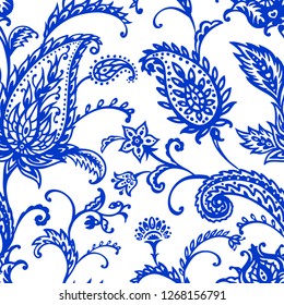 Paisley Blue Seamless Pattern On A White Background, Vector Illustration, Hand Drawing. East Ornament, Buta.