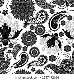 Paisley Boho style design for motif black and white seamless pattern vector background 