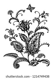 Paisley bouquet on white background, decorative composition, oriental pattern, black and white vector illustration