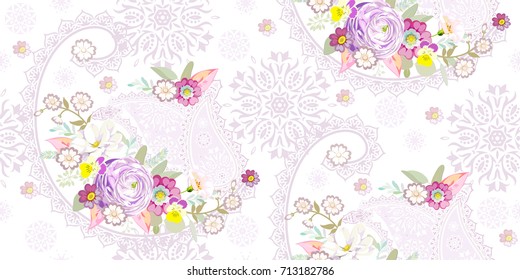 Paisley and bouquet with ranunculos. Seamless pattern