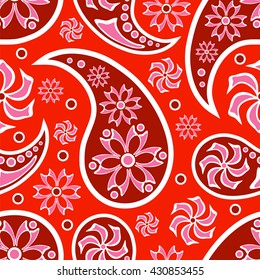 Paisley bright red seamless pattern. Traditional Indian ornament.