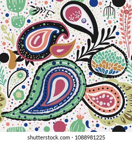 Paisley. A bright seamless pattern based on the traditional oriental ornament "Buta" (teardrop-shaped motif with a curved upper end)