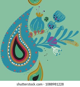 Paisley. Bright seamless pattern based on the traditional eastern ornament "Buta" with floral elements.