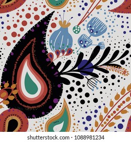 Paisley. Bright seamless pattern based on the traditional eastern ornament "Buta" with floral elements.