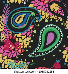 Paisley. A bright seamless pattern based on the traditional oriental ornament "Buta" (teardrop-shaped motif with a curved upper end)