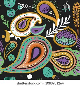 Paisley. Bright seamless pattern based on the traditional eastern ornament "Buta".