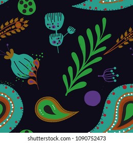 Paisley. Bright seamless pattern based on the traditional eastern ornament "Buta" with floral elements. Hand drawing - intentional slight negligence.