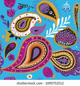 Paisley. Bright seamless pattern based on the traditional eastern ornament "Buta". Hand drawing - intentional slight negligence.