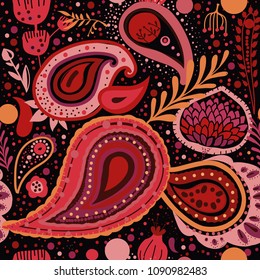 Paisley. A bright seamless pattern based on the traditional oriental ornament "Buta" (teardrop-shaped motif with a curved upper end). Hand drawing - intentional slight negligence.