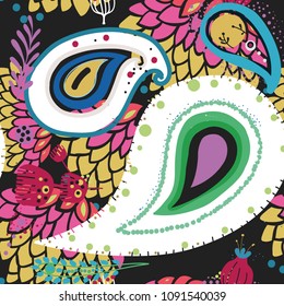 Paisley. A bright seamless pattern based on the traditional oriental ornament "Buta" (teardrop-shaped motif with a curved upper end). 