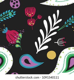 Paisley. A bright seamless pattern based on the traditional oriental ornament "Buta" (teardrop-shaped motif with a curved upper end). Hand drawing - intentional slight negligence.