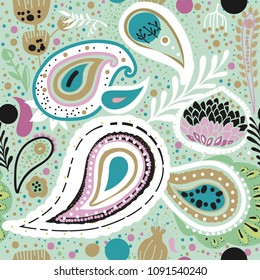 Paisley. A bright seamless pattern based on the traditional oriental ornament "Buta" (teardrop-shaped motif with a curved upper end). Hand drawing - intentional slight negligence.