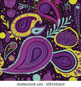 Paisley. A bright seamless pattern based on the traditional oriental ornament "Buta" (teardrop-shaped motif with a curved upper end). Hand drawing - intentional slight negligence.