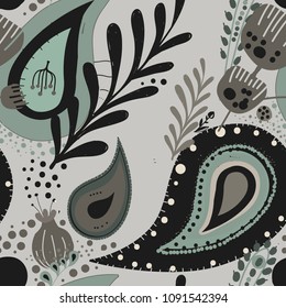 Paisley. Bright seamless pattern based on the traditional eastern ornament "Buta" with floral elements. Hand drawing - intentional slight negligence.
