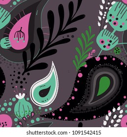 Paisley. Bright seamless pattern based on the traditional eastern ornament "Buta" with floral elements. Hand drawing - intentional slight negligence.