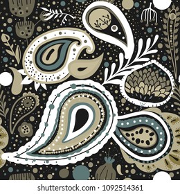 Paisley. A bright seamless pattern based on the traditional oriental ornament "Buta" (teardrop-shaped motif with a curved upper end). Hand drawing - intentional slight negligence.