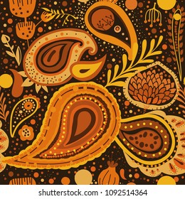 Paisley. A bright seamless pattern based on the traditional oriental ornament "Buta" (teardrop-shaped motif with a curved upper end). Hand drawing - intentional slight negligence.