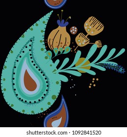 Paisley. Bright seamless pattern based on the traditional eastern ornament "Buta" with floral elements. Hand drawing - intentional slight negligence.