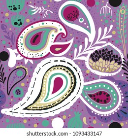 Paisley. A bright seamless pattern based on the traditional oriental ornament "Buta" (teardrop-shaped motif with a curved upper end). Hand drawing - intentional slight negligence.