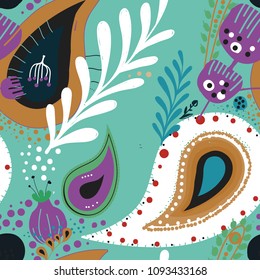 Paisley. Bright seamless pattern based on the traditional eastern ornament "Buta" with floral elements. Hand drawing - intentional slight negligence.