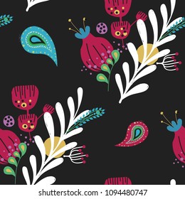 Paisley. A bright seamless pattern based on the traditional oriental ornament "Buta" (teardrop-shaped motif with a curved upper end). Hand drawing - intentional slight negligence
