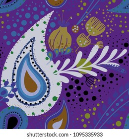 Paisley. Bright seamless pattern based on the traditional eastern ornament "Buta" with floral elements.