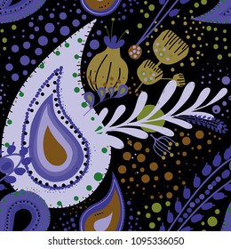 Paisley. Bright seamless pattern based on the traditional eastern ornament "Buta" with floral elements.