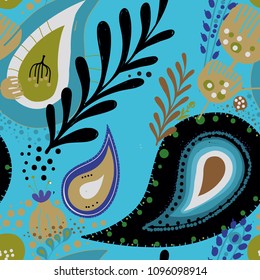 Paisley. Bright seamless pattern based on the traditional eastern ornament "Buta" with floral elements.