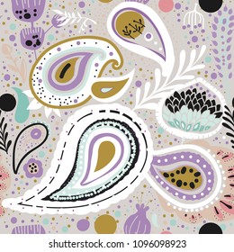 Paisley. A bright seamless pattern based on the traditional oriental ornament "Buta" (teardrop-shaped motif with a curved upper end)