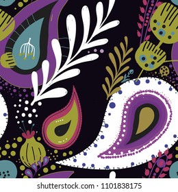 Paisley. Bright seamless pattern based on the traditional eastern ornament "Buta" with floral elements.