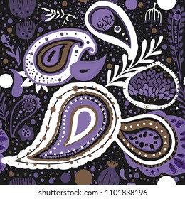 Paisley. A bright seamless pattern based on the traditional oriental ornament "Buta" (teardrop-shaped motif with a curved upper end)