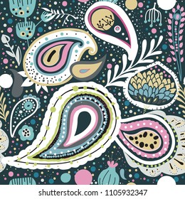 Paisley. A bright seamless pattern based on the traditional oriental ornament "Buta" (teardrop-shaped motif with a curved upper end)