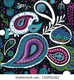 Paisley. A bright seamless pattern based on the traditional oriental ornament "Buta" (teardrop-shaped motif with a curved upper end)
