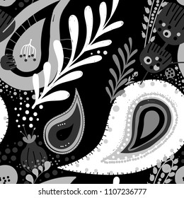 Paisley. Bright seamless pattern based on the traditional eastern ornament "Buta" with floral elements.