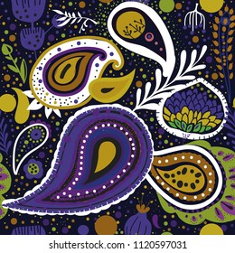 Paisley. A bright seamless pattern based on the traditional oriental ornament "Buta" (teardrop-shaped motif with a curved upper end)