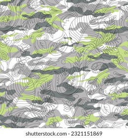 paisley with camouflages seamless pattern on white background