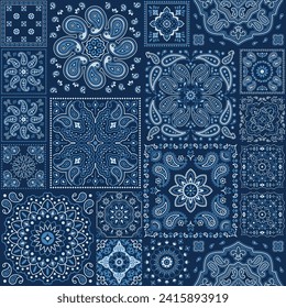 Paisley cashmere bandana fabric patchwork wallpaper vintage vector seamless pattern for scarf kerchief shirt fabric carpet rug tablecloth pillow