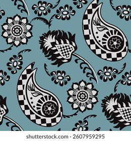 Paisley checkered and boho floral pattern exotic geometry ethnic floral seamless flower retro motif.