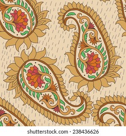 paisley color pattern with flovers and dash. on a beige background soft red flowers