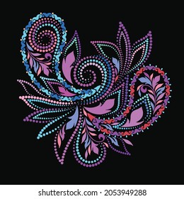 The paisley - colorful floral folk art pattern. Traditional ethnic ornament. Object isolated on black background. Vector print.